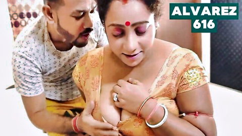 Bearded Indian man gropes chubby MILF's massive exposed tits in open yellow saree blouse