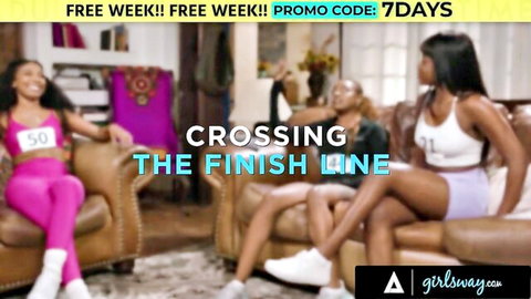Three sexy ebony athletes in tight sports bras and shorts pose teasingly on couch for lesbian threesome