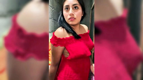 Sexy Latina in tight red off-shoulder dress teasing deep cleavage and shoulders