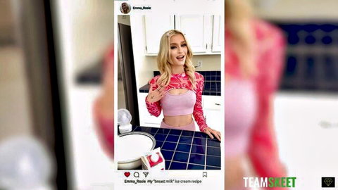 Emma Rosie in sexy pink lace crop top, teasing with sweet cum recipe vibe