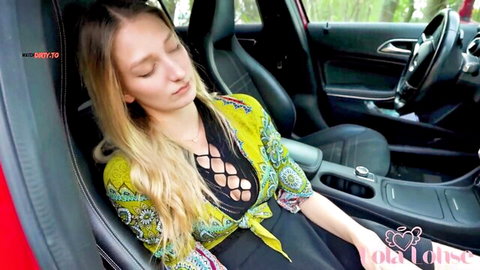 LolaLohse blonde teen with huge tits in revealing yellow top, eyes closed relaxed