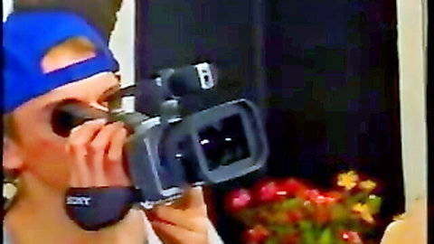 Vintage teen girl filming POV with camera, natural tits tease