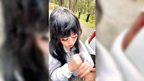 Curvy Asian teen giving public blowjob in car HD