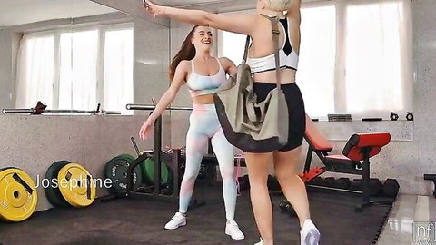 Angel Wicky & Josephine Jackson in steamy gym tease with big natural tits