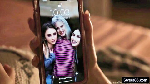Alexis Fawx, Jessie Saint and friend selfie in striped tops before lesbian action