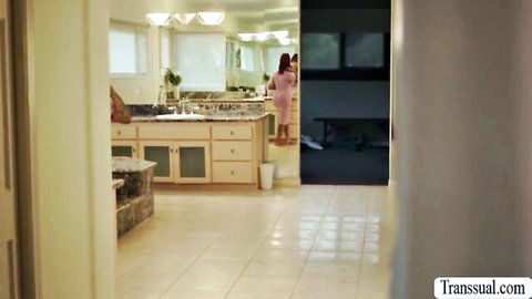 Aiden Ashley in pink dress posing in bathroom, Foxxy nearby - trans tease thumbnail