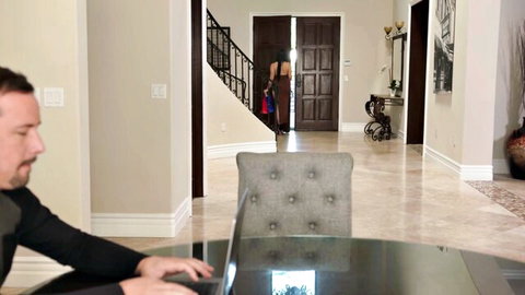 Violet Starr in sexy red dress teasing Jessy Jones in home office