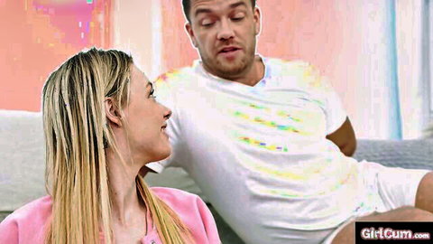 Blonde Skye Angel leans in for intimate moment with man, teasing facial cumshot