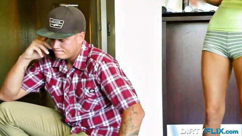 Sabrina Banks in green tank top and gray shorts with tattooed guy, Dirtyflix rope ride preview