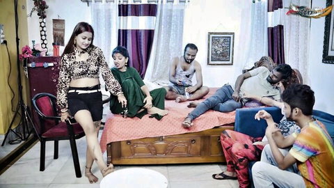 Desi woman in short skirt with group of men in amateur setup