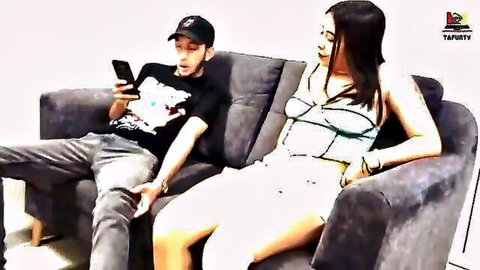 Sexy Latina step-sister with big ass lounging on couch with guy