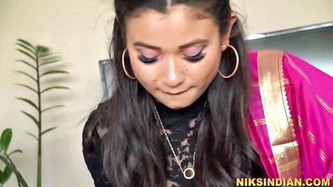 Niks Indian in pink saree, seductive Indian beauty with hoop earrings