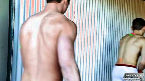 Cole, Dante, Derrick in underwear, tattooed muscular backs in gay threesome preview