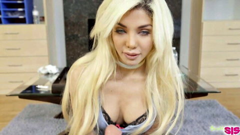 Blonde Elizabeth Jolie in lace lingerie giving oiled blowjob with Adria Rae nearby