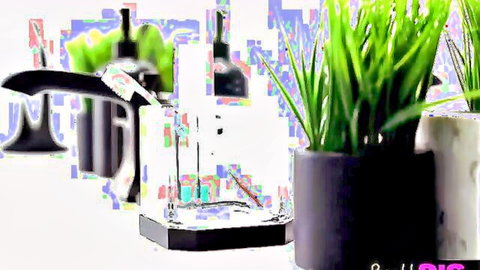 Renee Rose petite model in seductive pose with plants and bottles