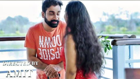 Indian curvy babe in red dress with lover on honeymoon balcony