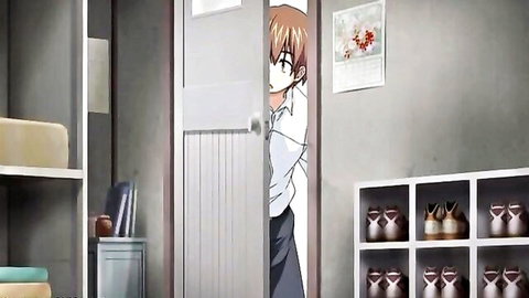 Busty anime teen in school uniform peeking through door in steamy hentai
