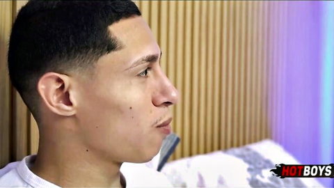 Handsome young Latino college guy in profile from intense gay anal scene