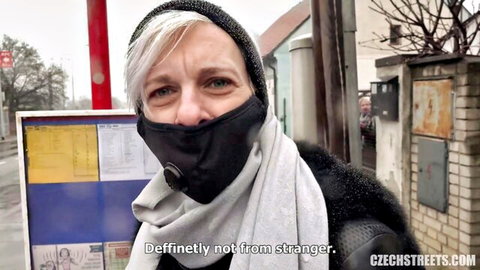 Mature Czech woman Annie Charlotte at bus stop in amateur pickup tease