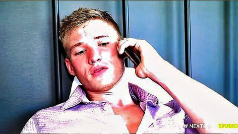 Carter Woods on phone in open shirt, teasing amateur anal with Jayden Lawrence