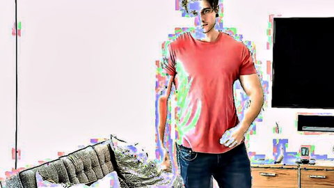 Muscular Matty Strong in red t-shirt and jeans, bisexual tease