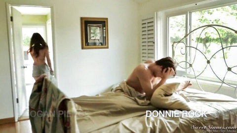 Alexa Grace topless blonde teen teasing back view with Donnie Rock on bed