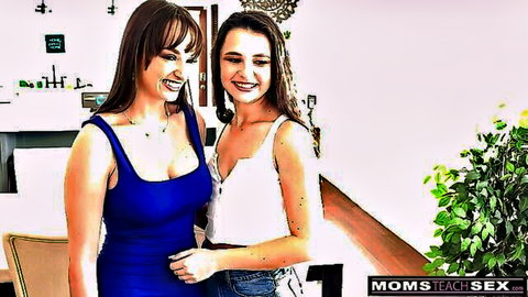 Smiling brunette MILF in blue dress with young brunette in white tank top