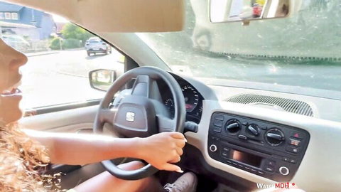 Flora Farrell smiles seductively driving in hot taboo POV car scene