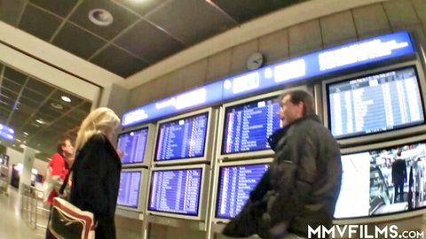Mature blonde housewife at airport teasing hardcore threesome with double penetration