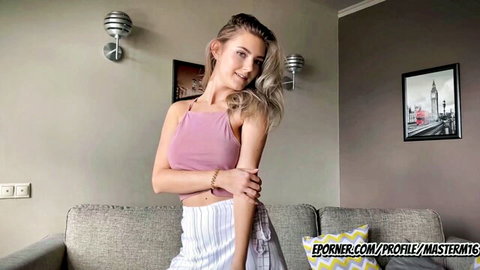 Eva Elfie in pink tube top and white skirt teasing her pussy