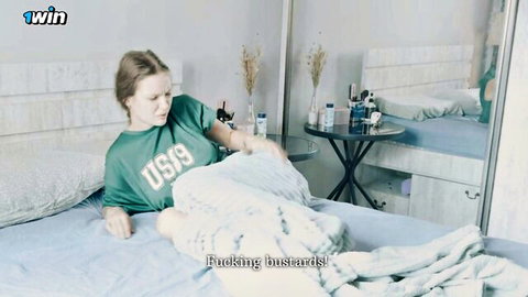 Alexa Poshspicy topless in bed, surprised expression, green sweatshirt up