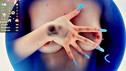 Skinny webcam teen teases by covering perky tits and nipples with hands and blue nails