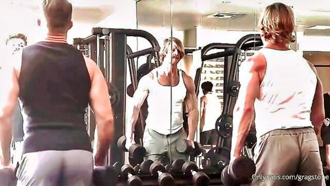 Matt Dubbe and Gagra Stone muscular gym workout, tank tops and shorts