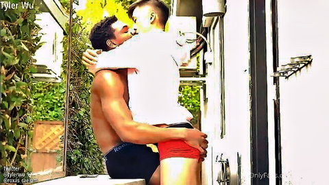 Tyler Wu and black buddy in passionate interracial gay embrace