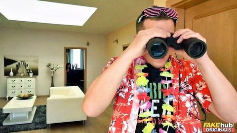 Man in Hawaiian shirt peeping with binoculars at spring break party