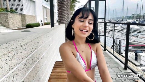 Smiling brunette babe in pink bikini by marina, teasing creampie scene
