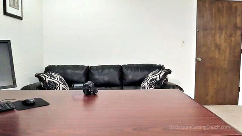 Empty backroom casting couch office with black leather sofa ready for teen amateur fuck auditions