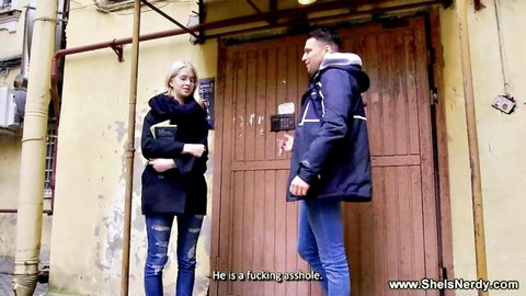 Naive blonde GF in coat and jeans tricked by boyfriend's friend outdoors