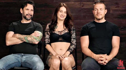 Maddy May in sexy lace lingerie posing with two men in Kink threesome preview