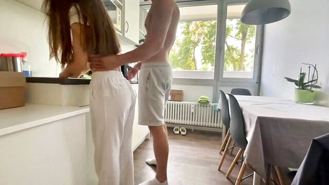 Amateurtwo's passionate kitchen embrace from behind, teasing raw sex with perfect body
