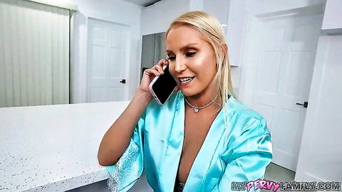 Vanessa Cage in open satin robe, blonde MILF on phone call sharing secrets