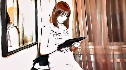 Young Asian babe in sheer lace top and black panties holds tablet seductively by mirror