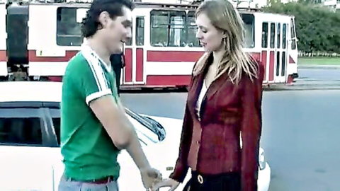 Blonde babe in red blazer picked up by guy near tram for outdoor fuck