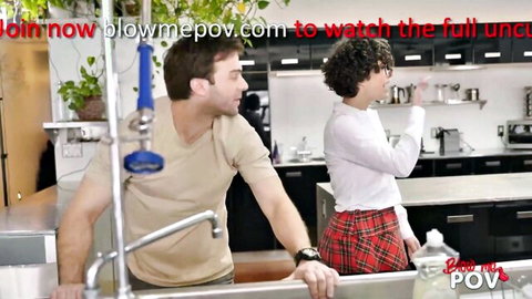 Curly-haired girl in glasses and plaid skirt teases guy at kitchen sink in blowjob POV preview