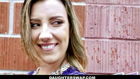 Smiling blonde teen babe in necklace teases for hot daughter swap orgy