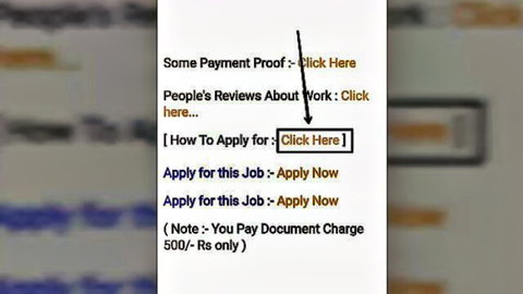 Screenshot of scam job ad with payment proof clicks, reviews, apply now button and 500 Rs document charge note