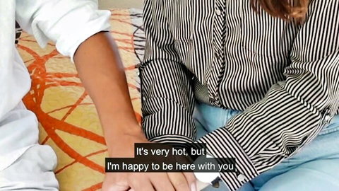 Spanish hottie in striped shirt holds hands with interracial pal in seductive roleplay