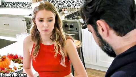 Haley Reed in red tank top on kitchen counter with stepdaddy, teasing gaze