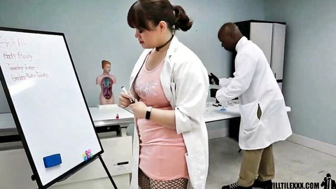 Cute Asian babe in open pink top lab coat with fishnets teasing Black doctor over her shoulder in clinic