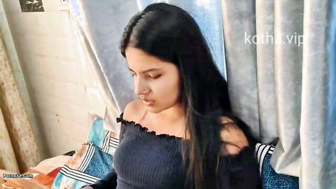 Sexy Indian brunette babe in off-shoulder top teasing with long hair and nose ring